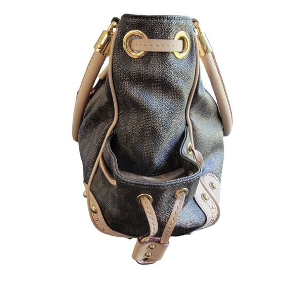 Michael Kors Brown Monogram Drawstring Satchel Handbag Purse Double Top Handle - Picture 9 of 16